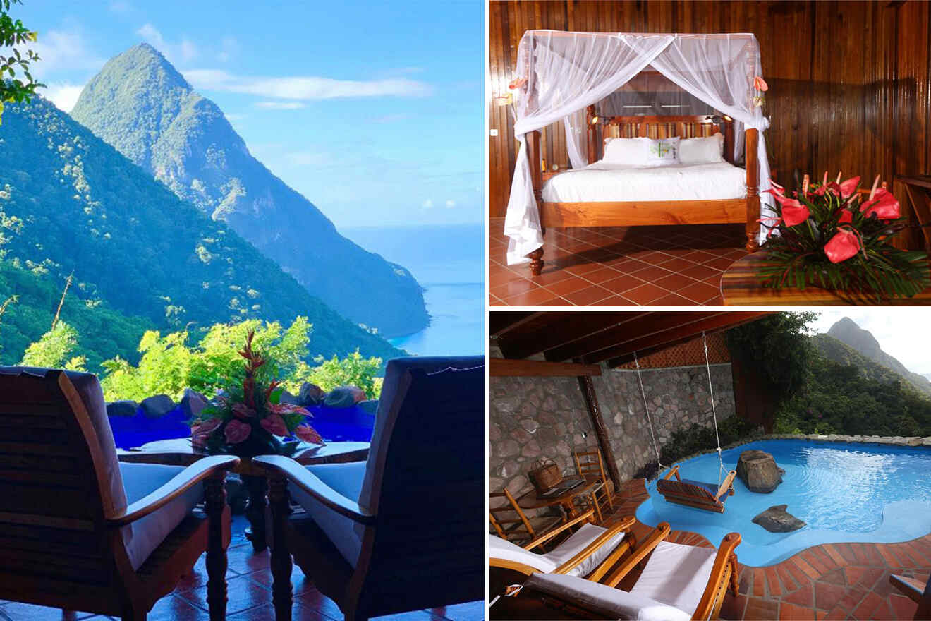 collage of 3 images containing a private pool, bedroom  and sitting area with mountain view