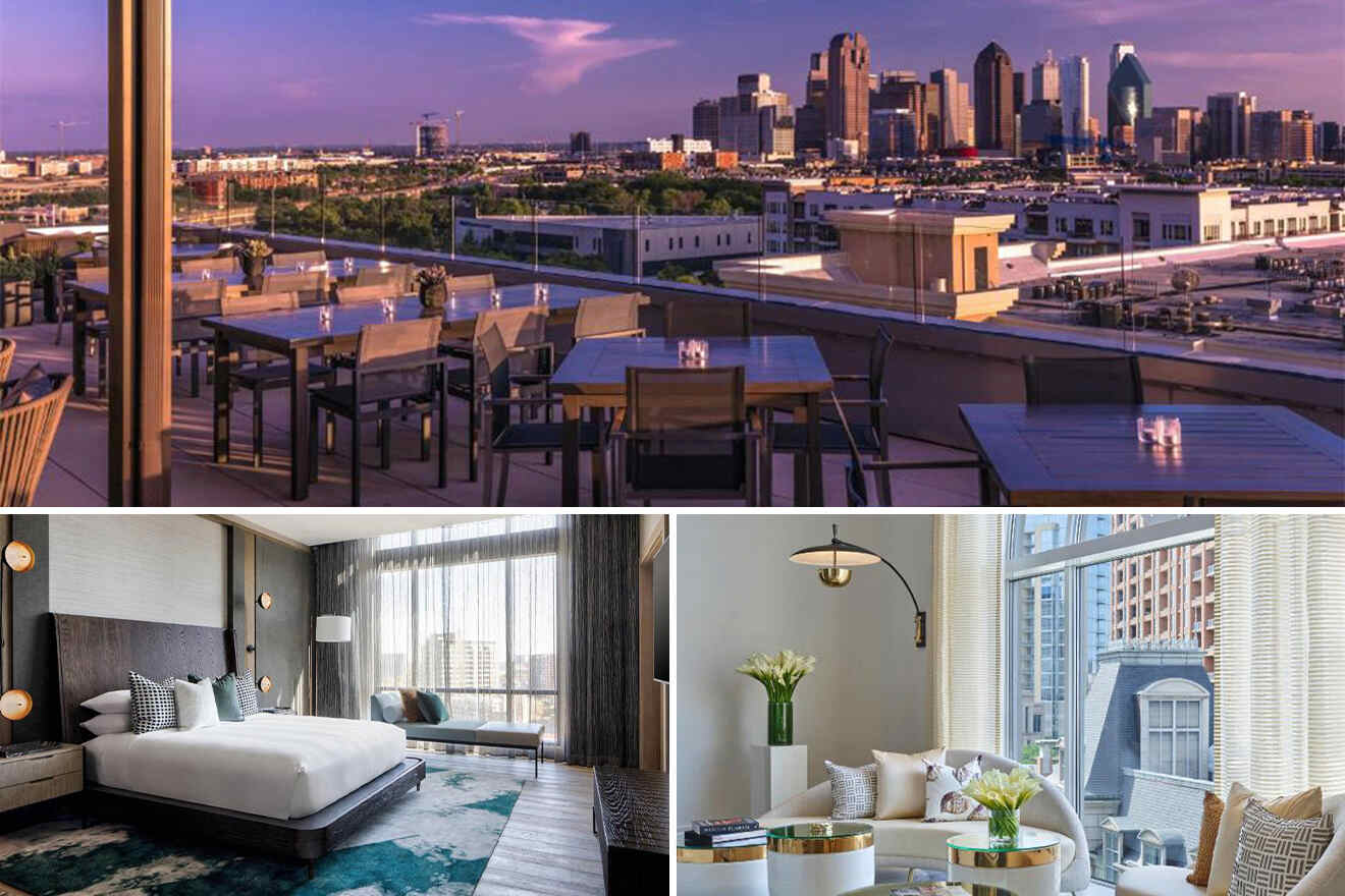 collage of 3 images containing a rooftop restaurant with an amazing view over Dallas city, a bedroom and a cozy sitting area 
