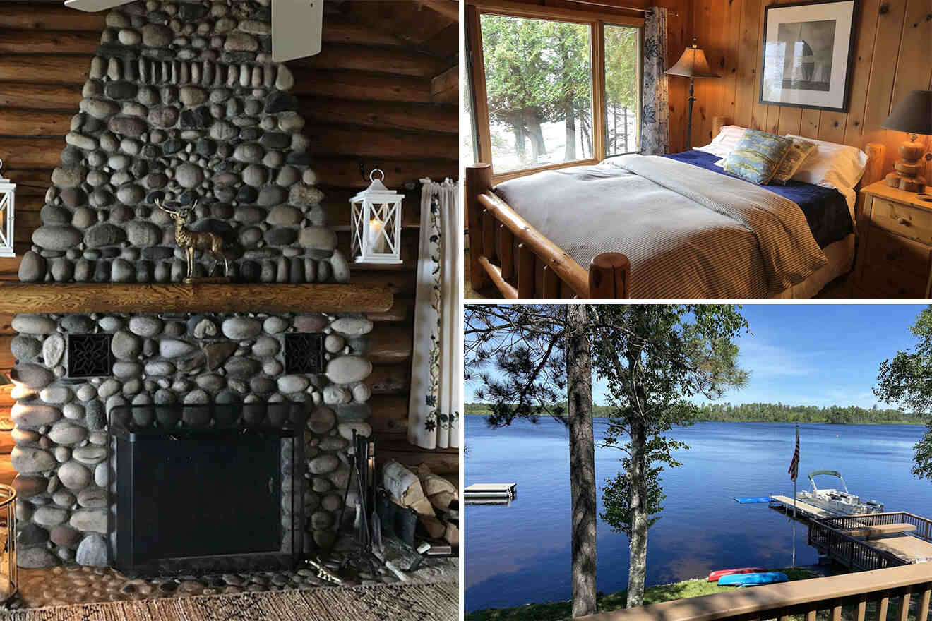 collage of 3 images containing the cabin's fireplace, bedroom and fishing spot near the lake