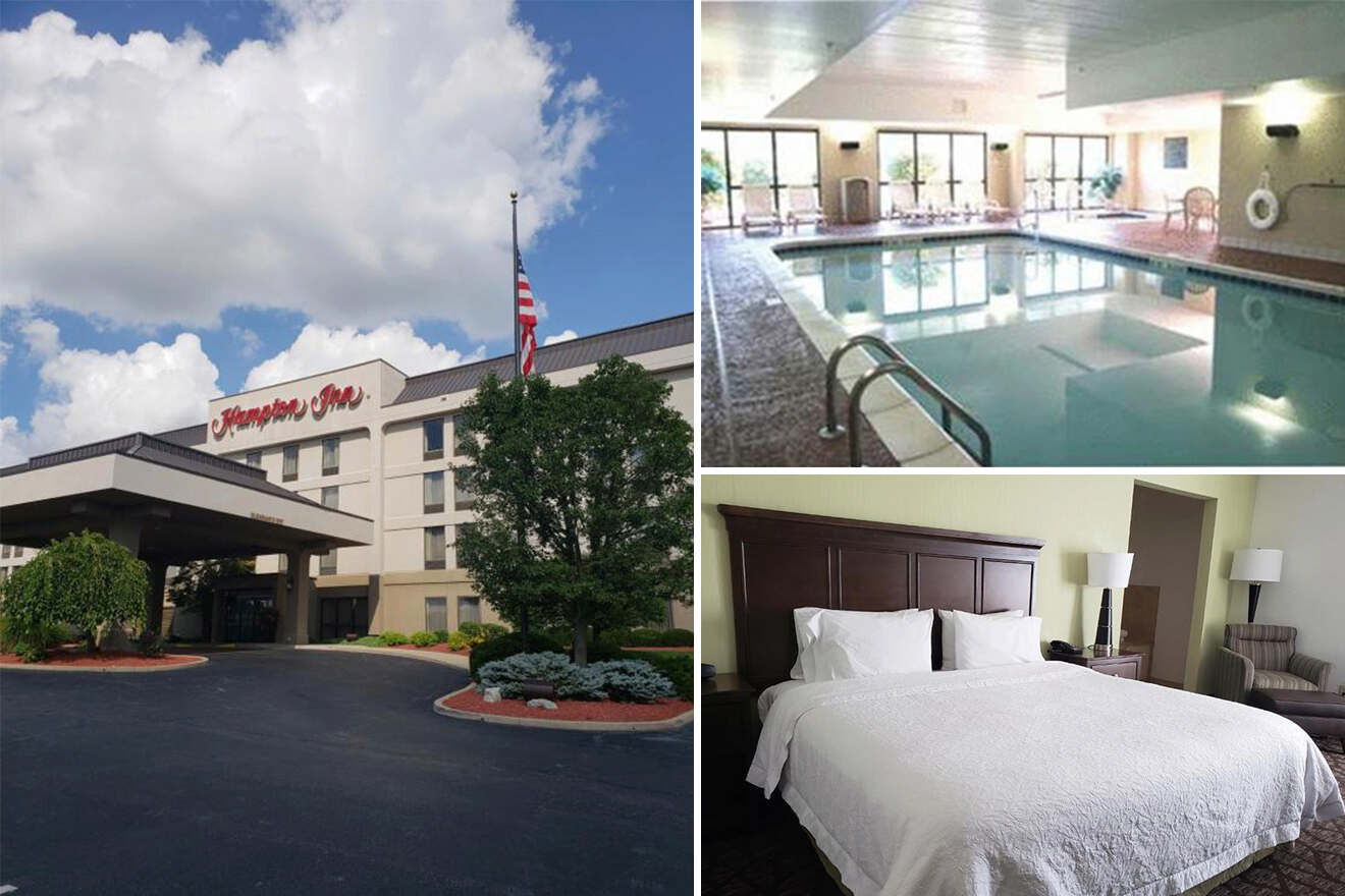 collage of 3 images containing a bedroom, indoor swimming pool and hotel building
