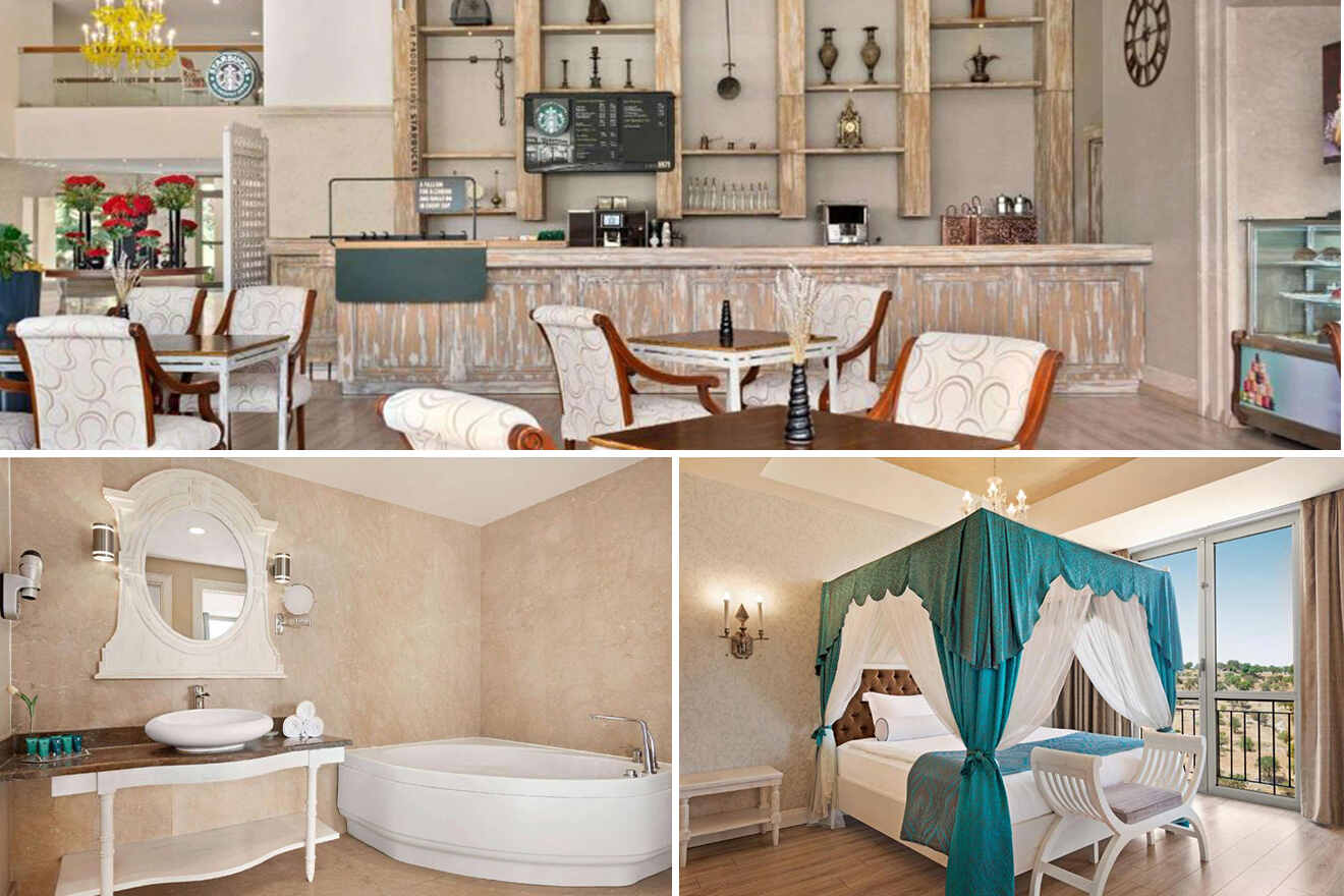 collage of 3 images containing a bathroom, bedroom, and restaurant