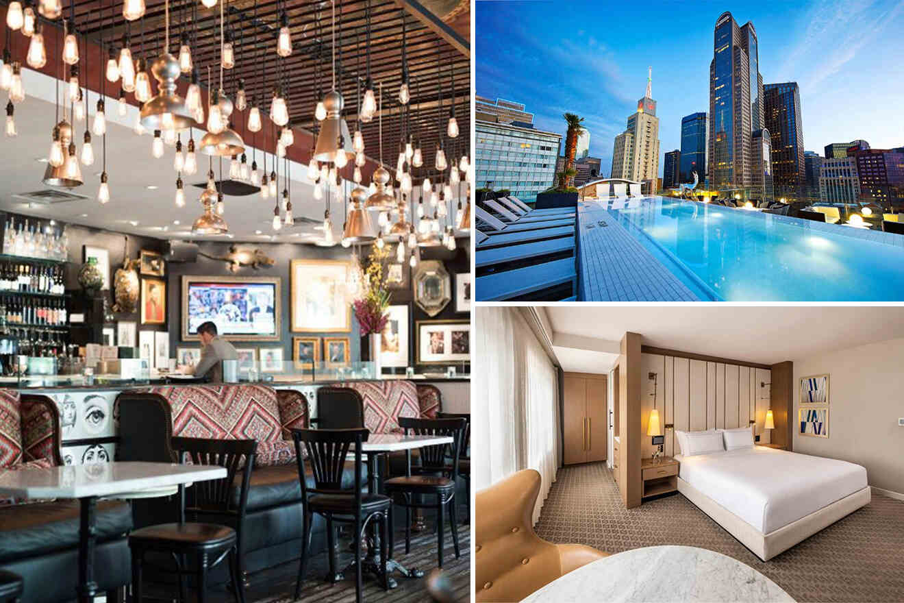 collage of 3 images containing a rooftop swimming pool with an amazing view over Dallas city, a bedroom, and bar area 