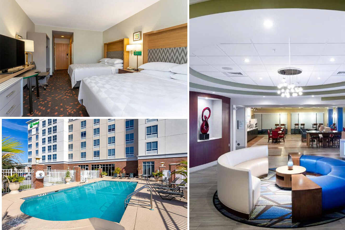collage of 3 images containing an outdoor swimming pool, bedroom, and hotel sitting area