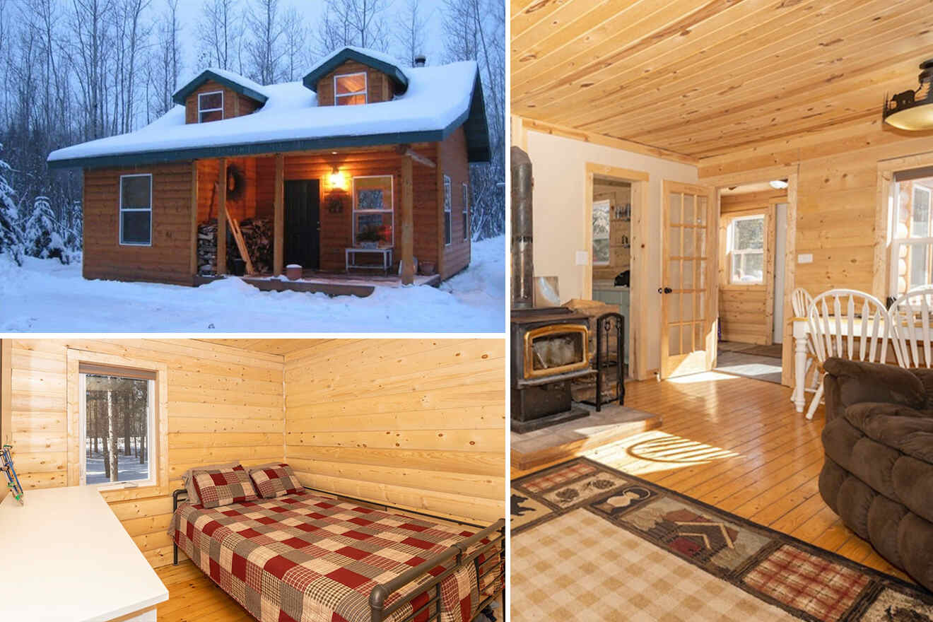 collage of 3 images containing the cabin construction, bedroom and dining room