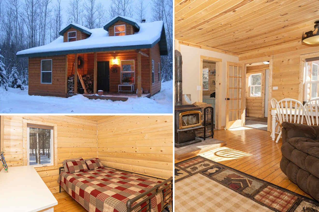 collage of 3 images containing the cabin construction, bedroom  and dining room