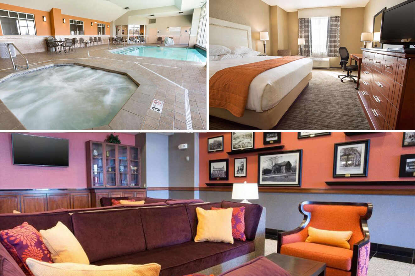 collage of 3 images containing a bedroom, indoor swimming pool and sitting area