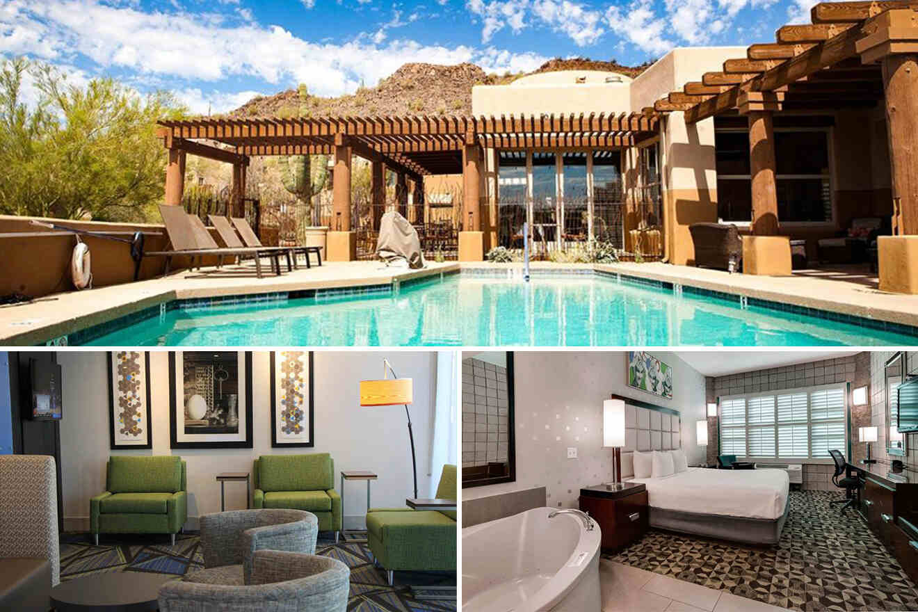 collage of 3 images containing a bedroom with jacuzzi in room, outdoor swimming pool and sitting area