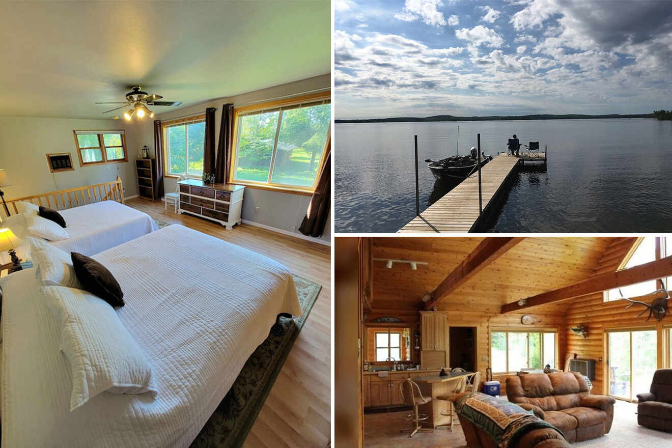 collage of 3 images containing lounge area, bedroom, and fishing spot near the lake