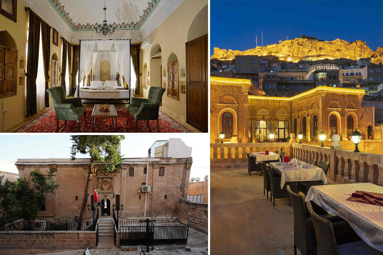 collage of 3 images containing a restaurant with a view, bedroom, and outside the hotel building
