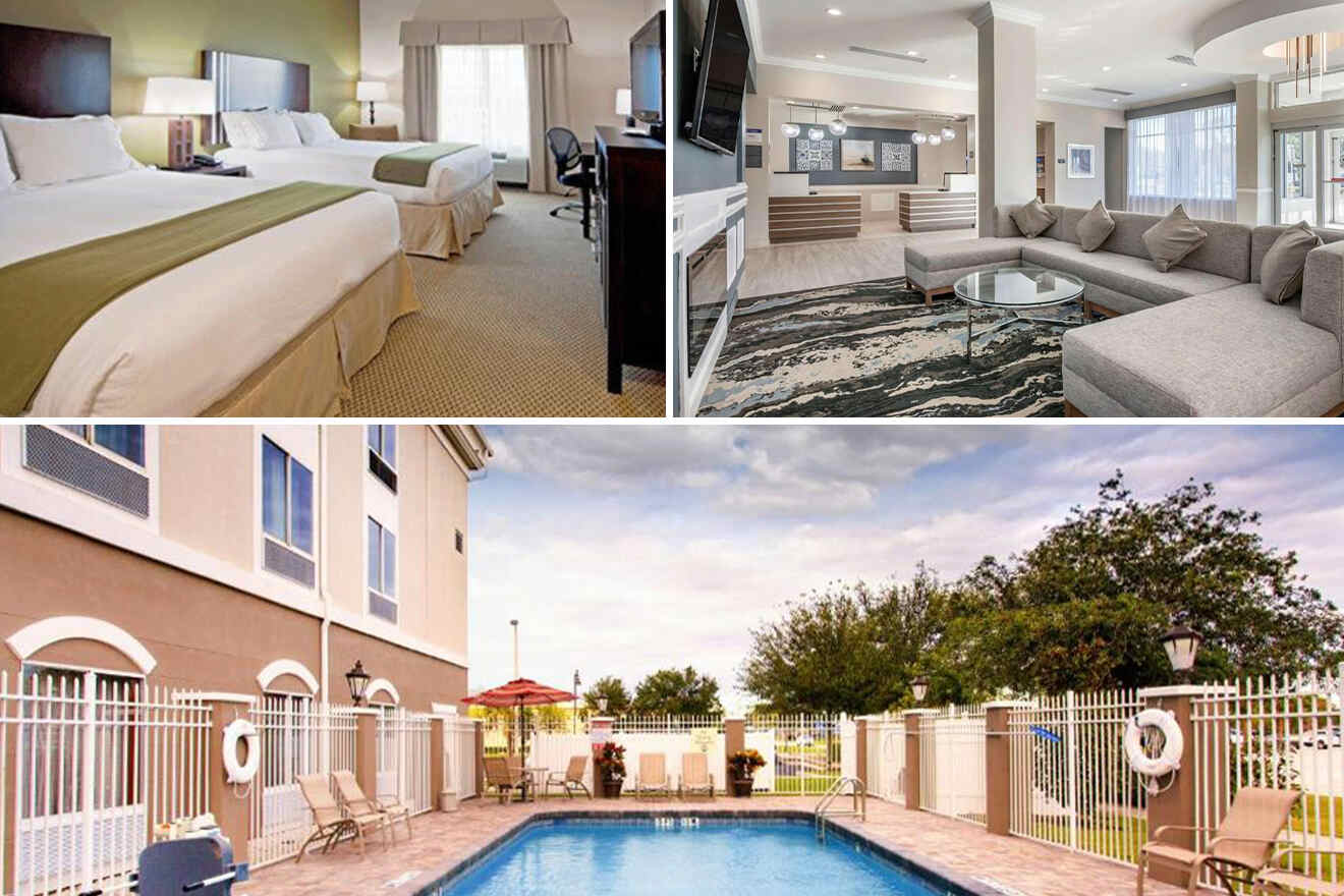 collage of 3 images containing an outdoor swimming pool, bedroom, and hotel sitting area