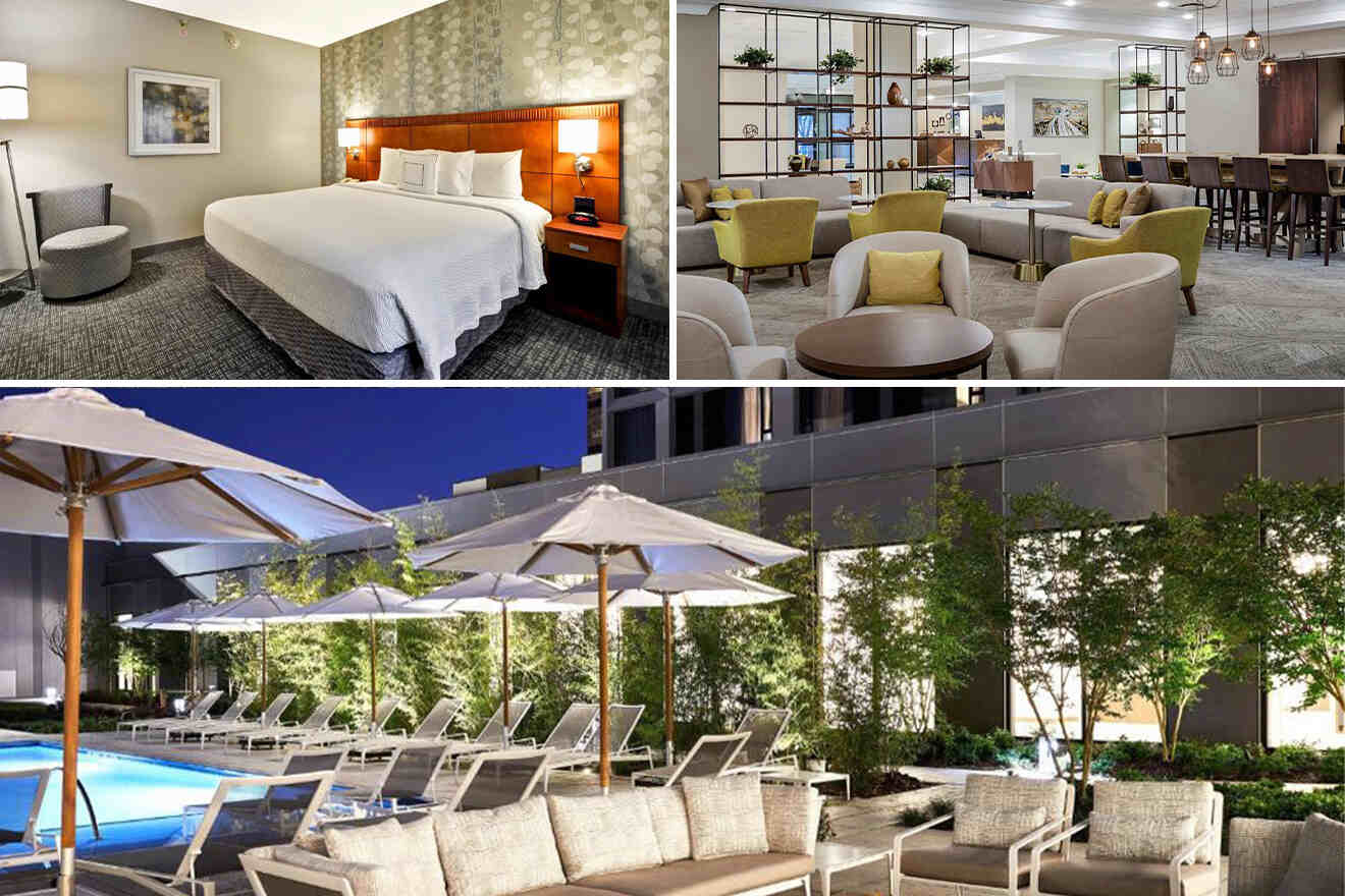 collage of 3 images containing a rooftop pool, a bedroom and a sitting area
