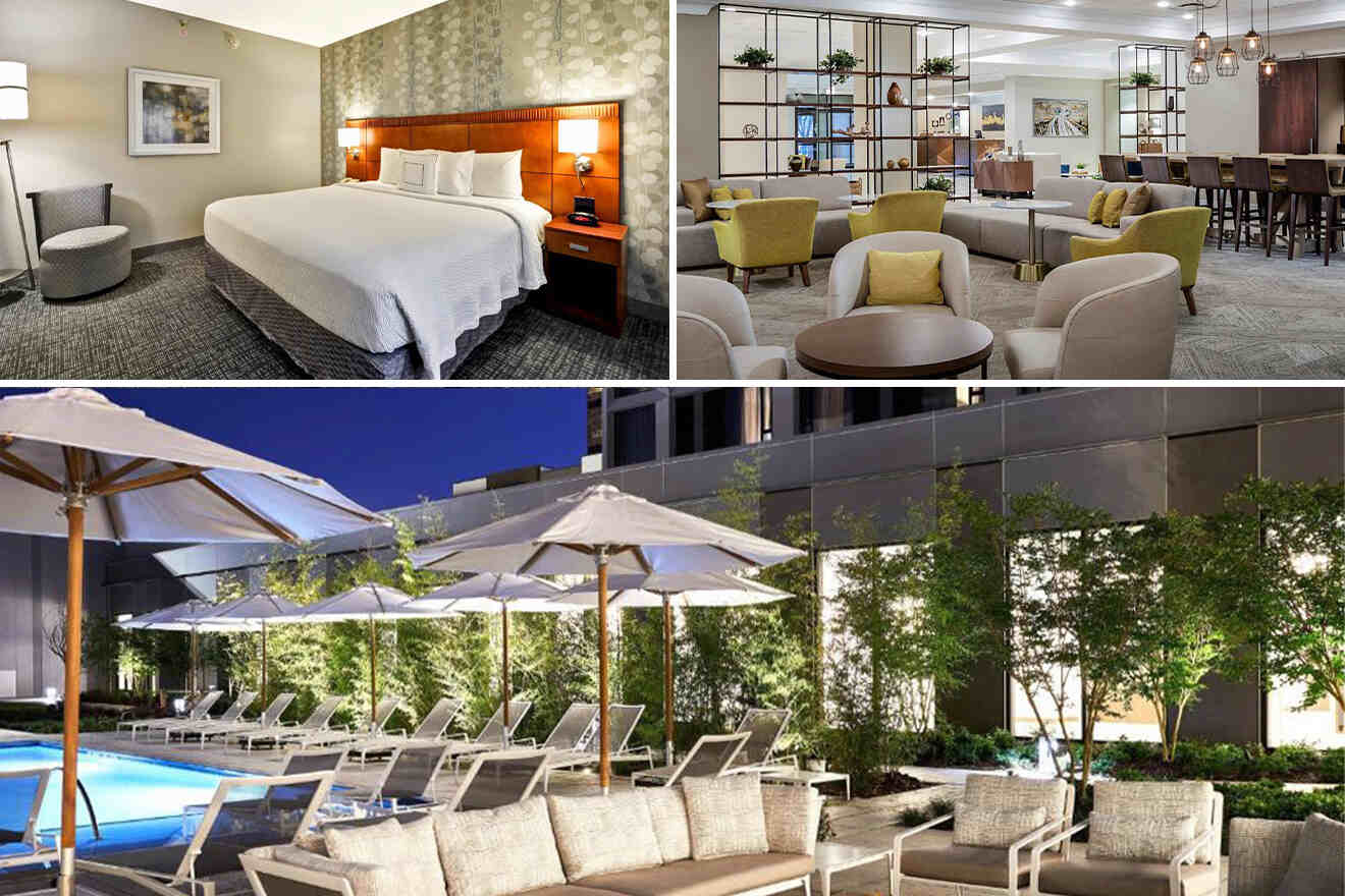collage of 3 images containing a rooftop pool,  a bedroom and a sitting area 