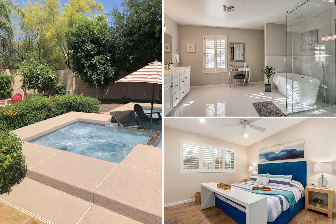 collage of 3 images containing a bedroom, an outdoor swimming pool and bathroom