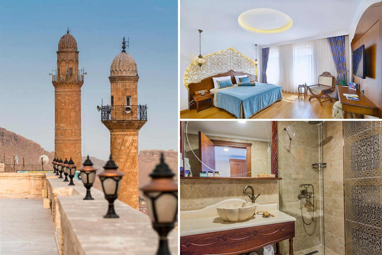 collage of 3 images containing a bathroom, bedroom, and view from the terrace