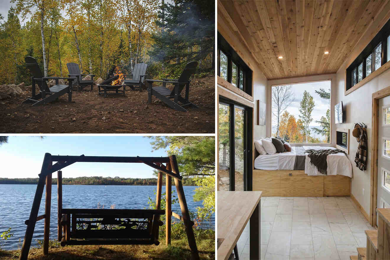 collage of 3 images containing outdoor firepit, bedroom and chill zone with a view over the lake