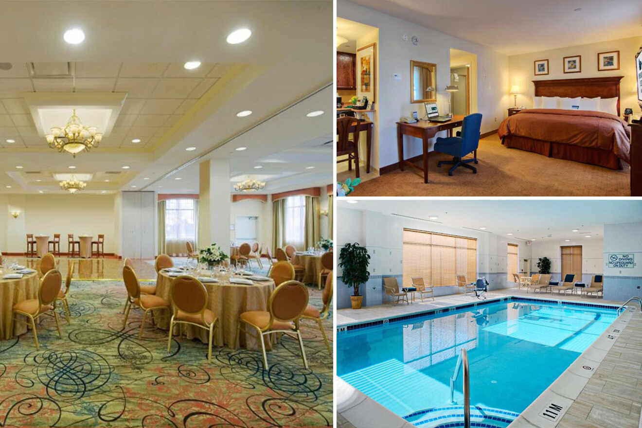 collage of 3 images containing a bedroom, indoor swimming pool and restaurant area