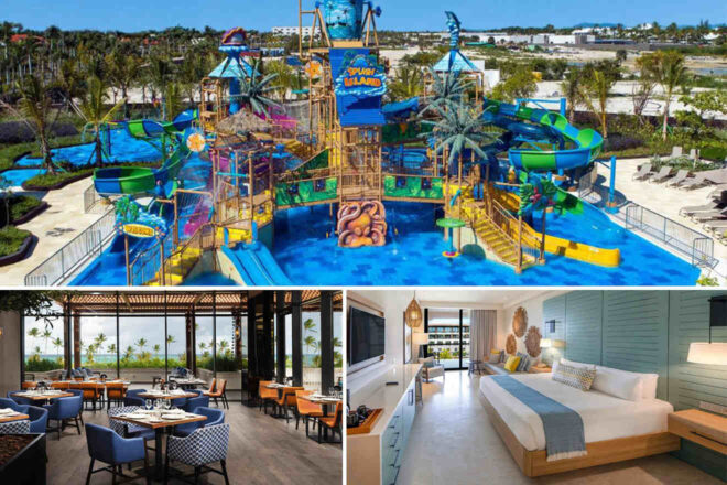 A collage of three hotel photos to stay in Punta Cana: An expansive, colorful water park with slides and playful structures for children, a chic restaurant with ocean views and stylish blue and white decor, and a modern, serene hotel room with a large bed and tasteful wall art, offering a view of the balcony and beyond.