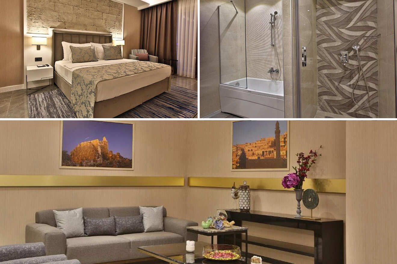 collage of 3 images containing a bathroom, bedroom, and lounge area