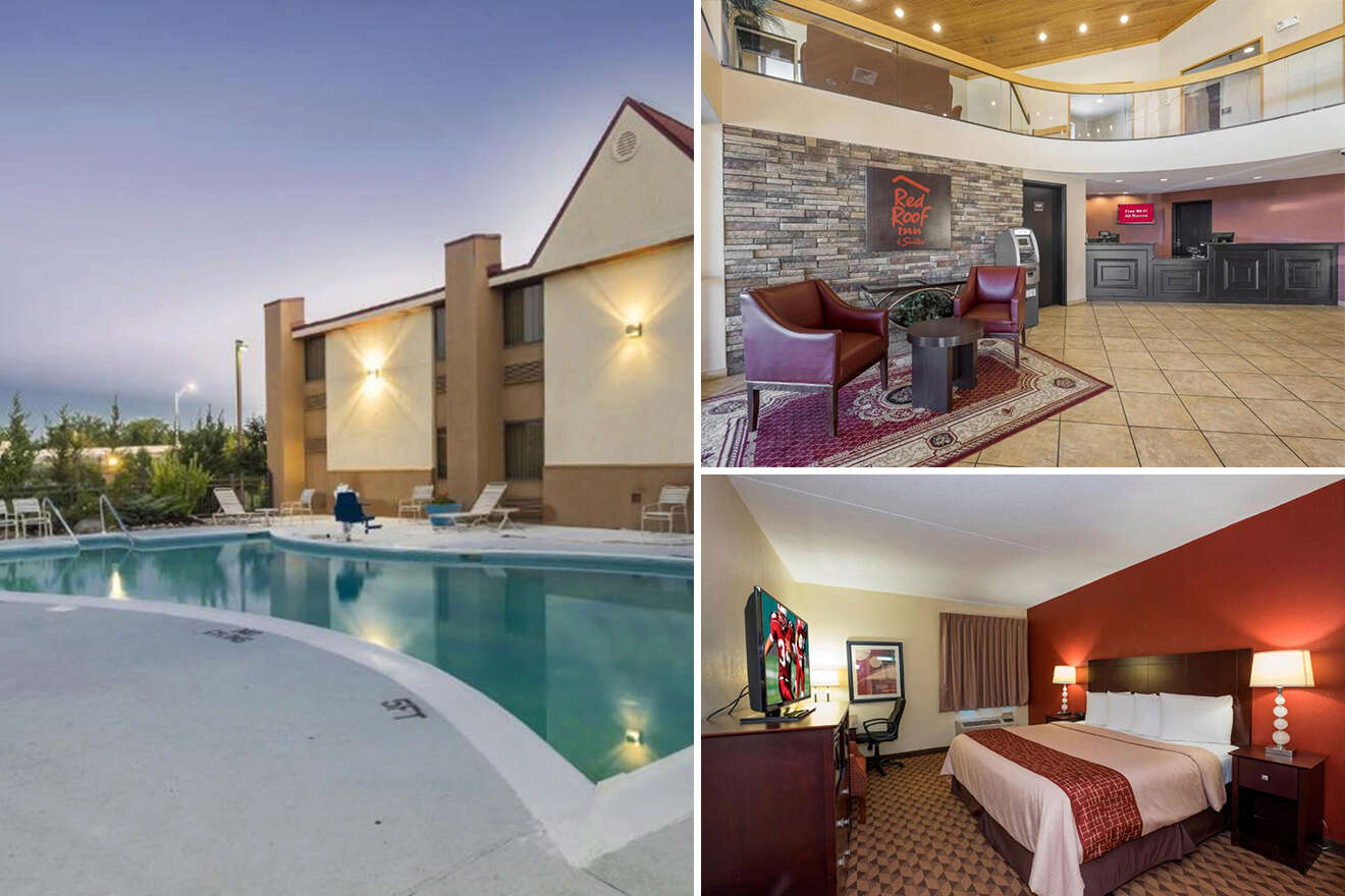 collage of 3 images containing a bedroom, outdoor swimming pool and hotel entry way