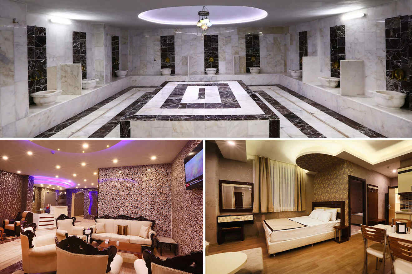 collage of 3 images containing a Turkish bathroom, bedroom, and sitting area