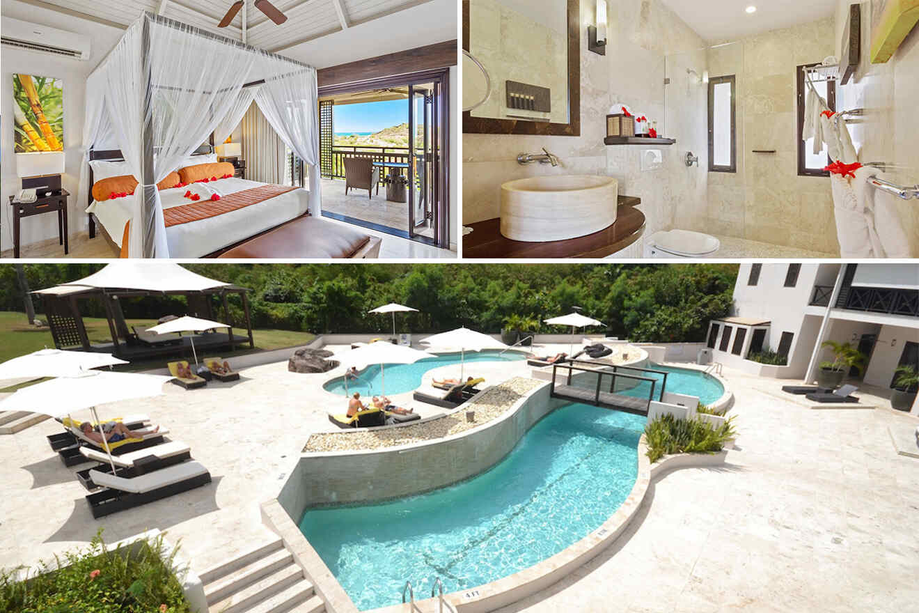 collage of 3 images containing a swimming pool, bedroom  and bathroom