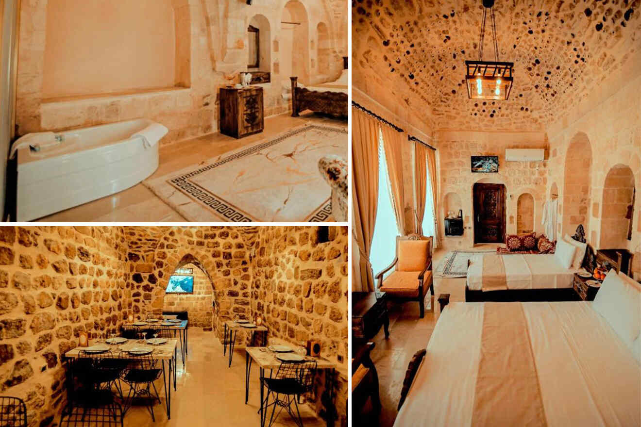 collage of 3 images containing a bathtub, bedroom, and restaurant