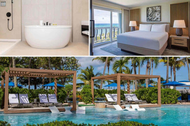 Hotel collage: features a bathroom with a bathtub, a bedroom with a balcony view, and an outdoor pool area with lounge chairs and cabanas.