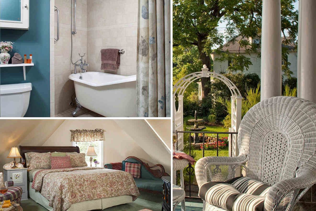 collage of 3 images containing a bedroom, bathroom and outside sitting area