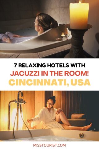 collage of 2 images with a woman relaxing in a bathtub