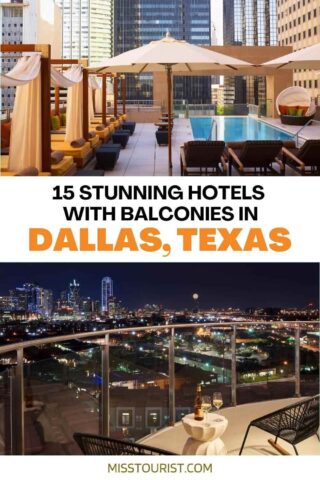 collage of 2 images containing rooftop swimming pool and night time view over Dallas city