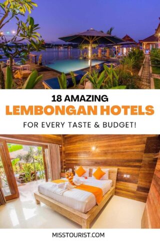 collage of 2 images with a hotel room and nighttime view over Lembongan
