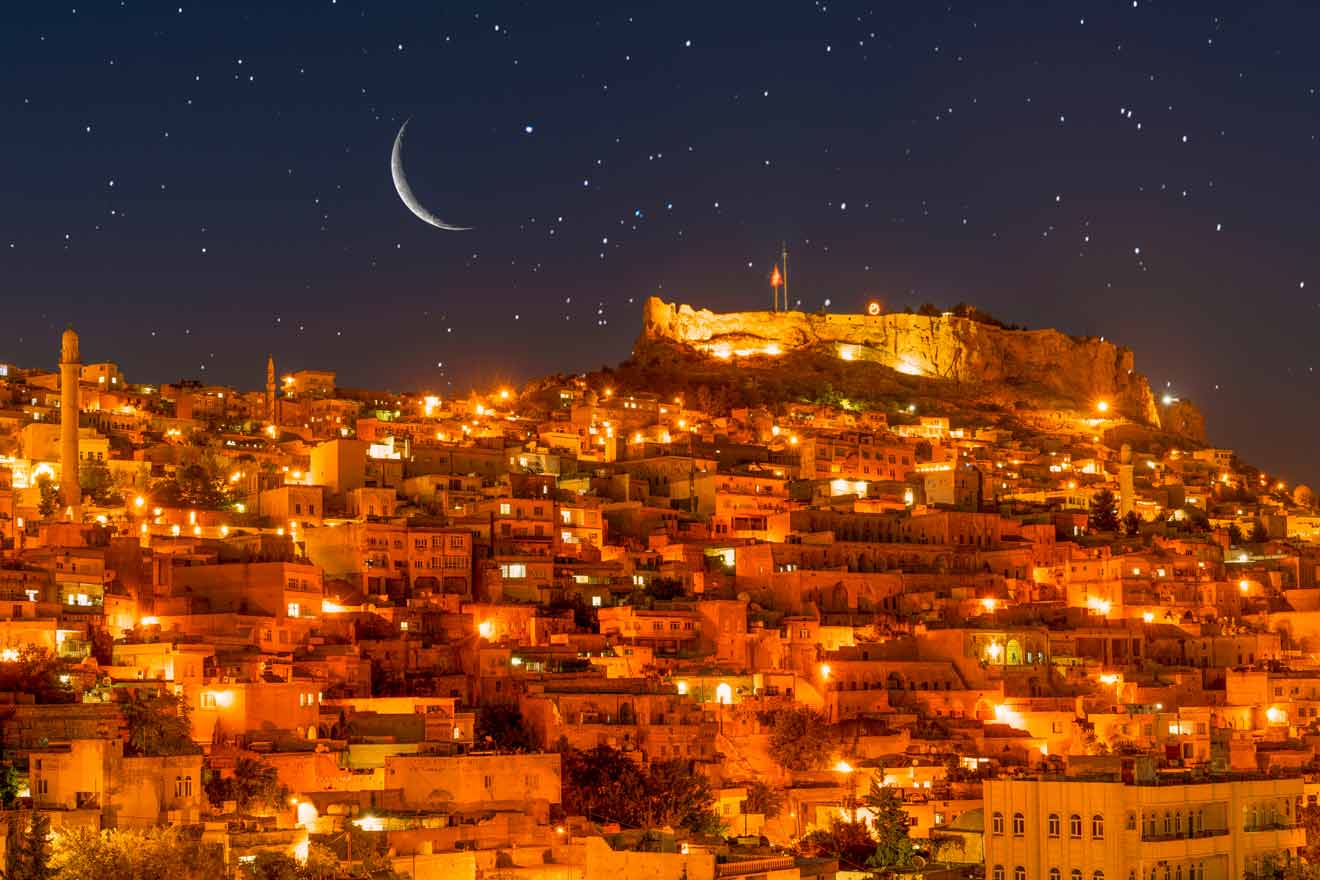 A brightly lit hilltop town at night with a crescent moon in the sky and a fortress on the hilltop. The sky is filled with stars.