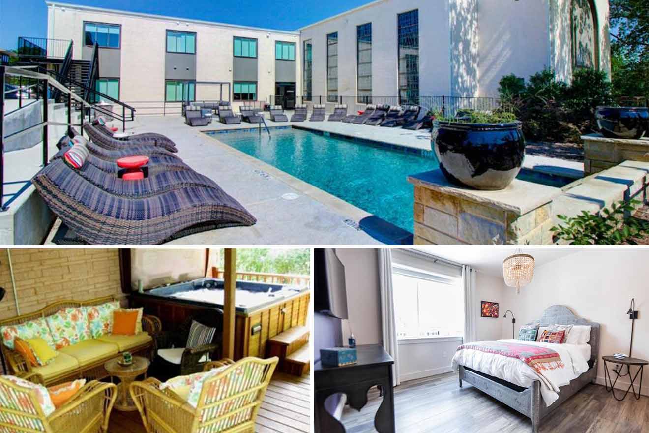 collage of 3 images containing a jacuzzi, swimming pool area and bedroom