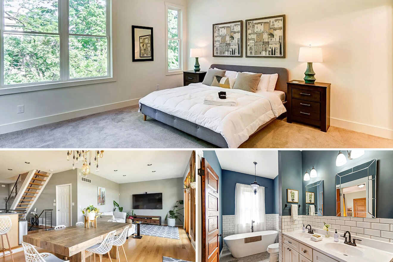 collage of 3 images containing a bedroom, bathroom and dining room
