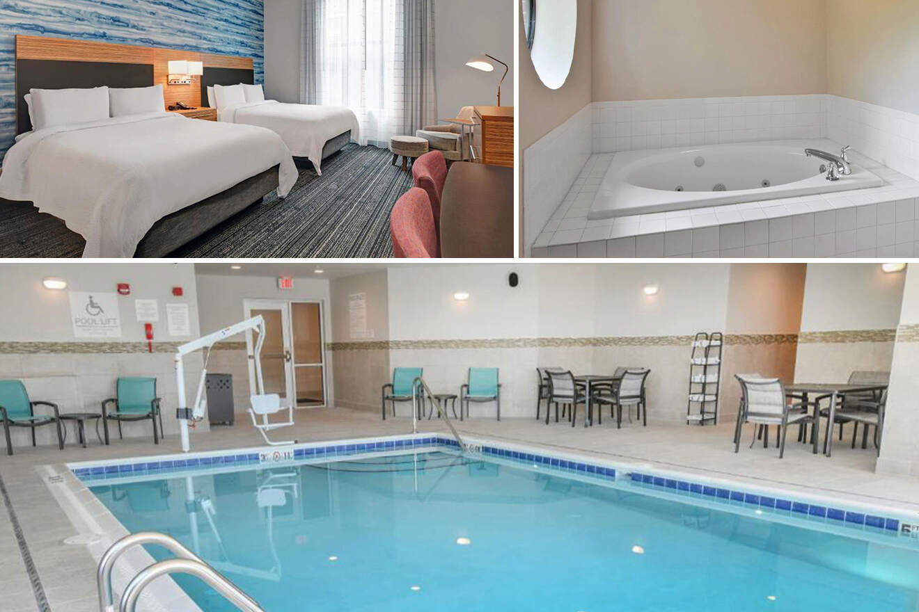collage of 3 images containing a bedroom, indoor swimming pool and a bathroom
