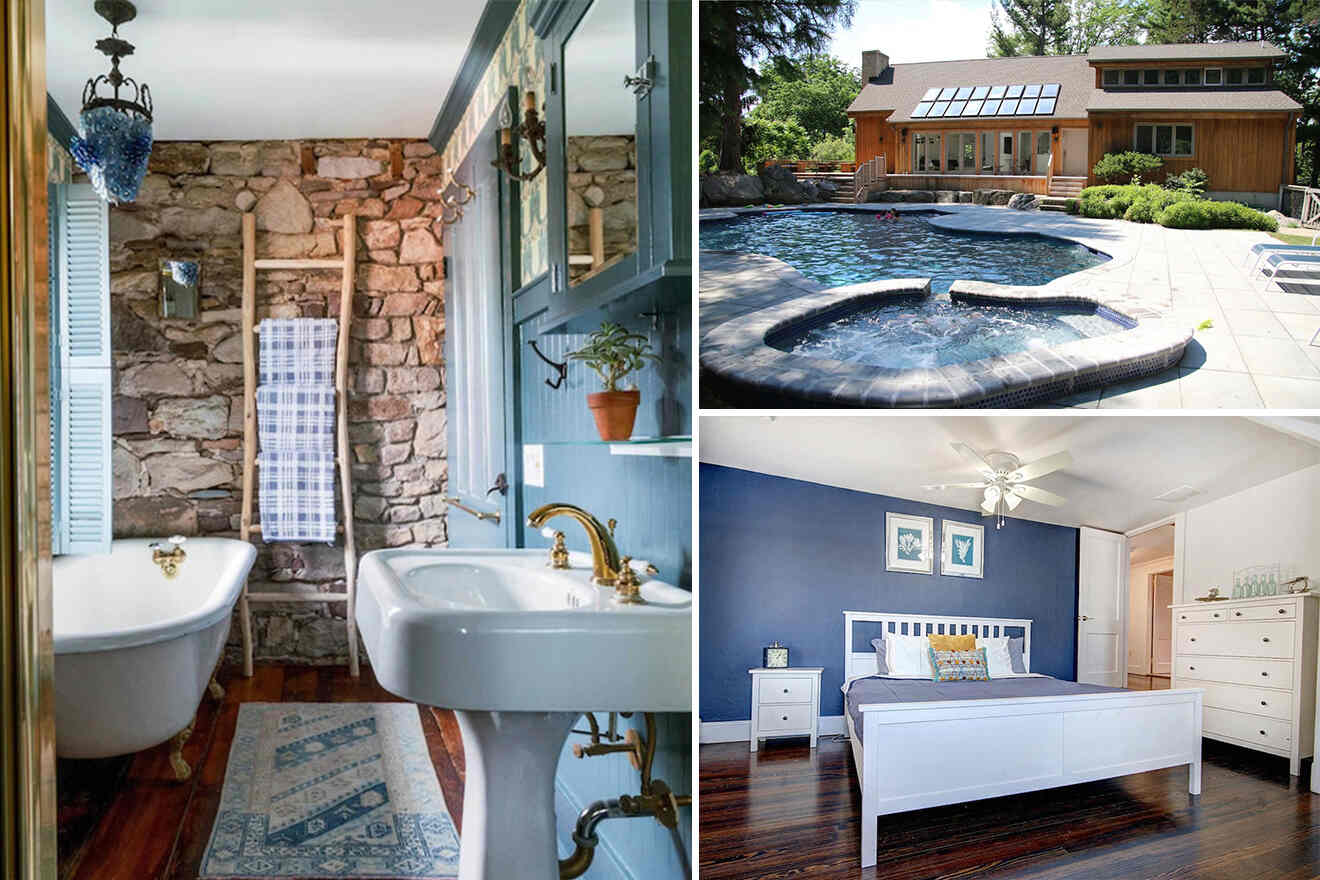 collage of 3 images containing a bedroom, bathroom and outside pool area