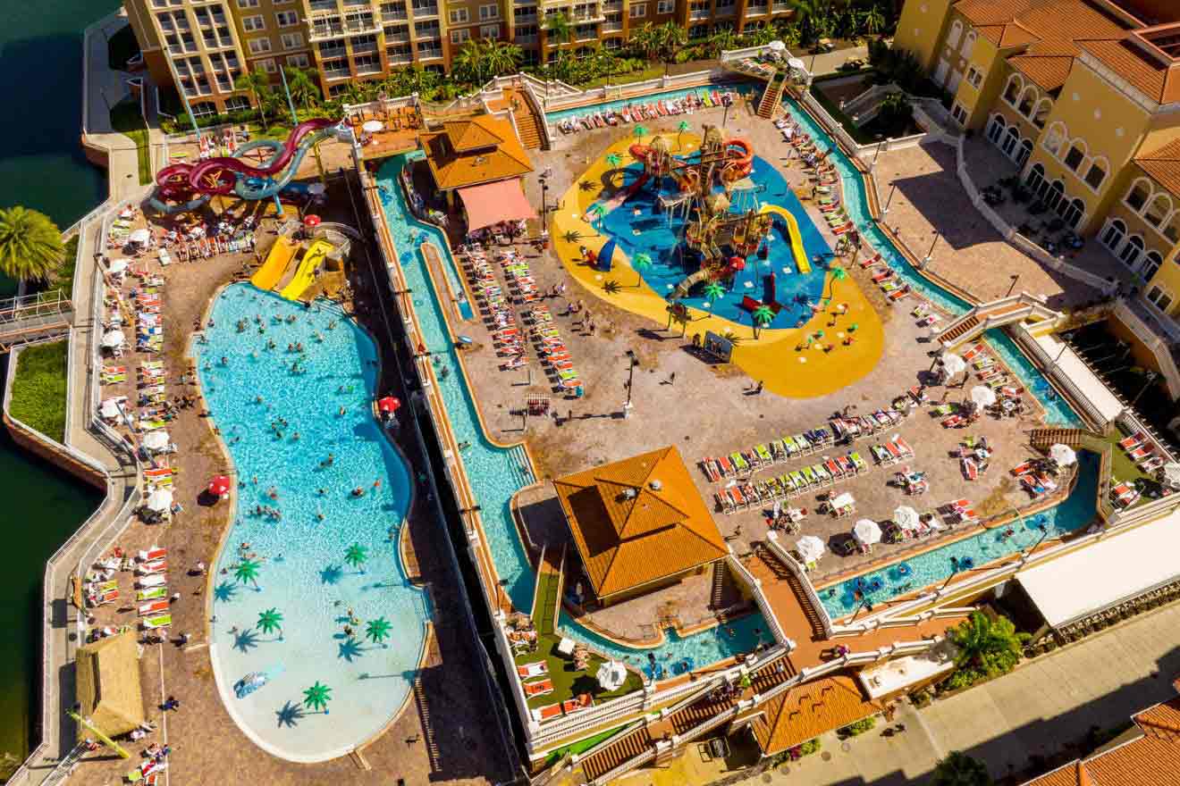 aerial view over a hotel with private waterpark 