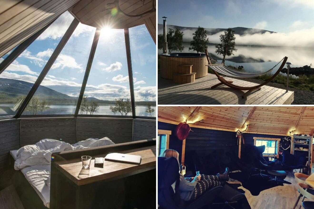 collage of 3 images containing an outdoor sitting area next to a hot tub and water, a lounge area, and a bedroom with a glass window