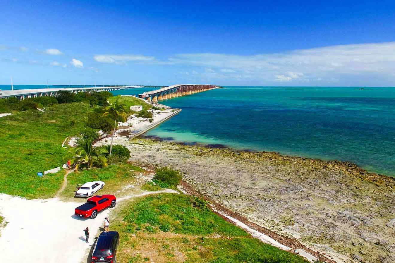 aerial view over Bahia Honda and parked cars