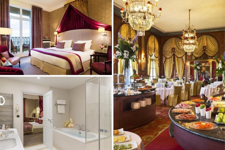 collage of 3 images containing a luxurious restaurant area, bathroom and bedroom