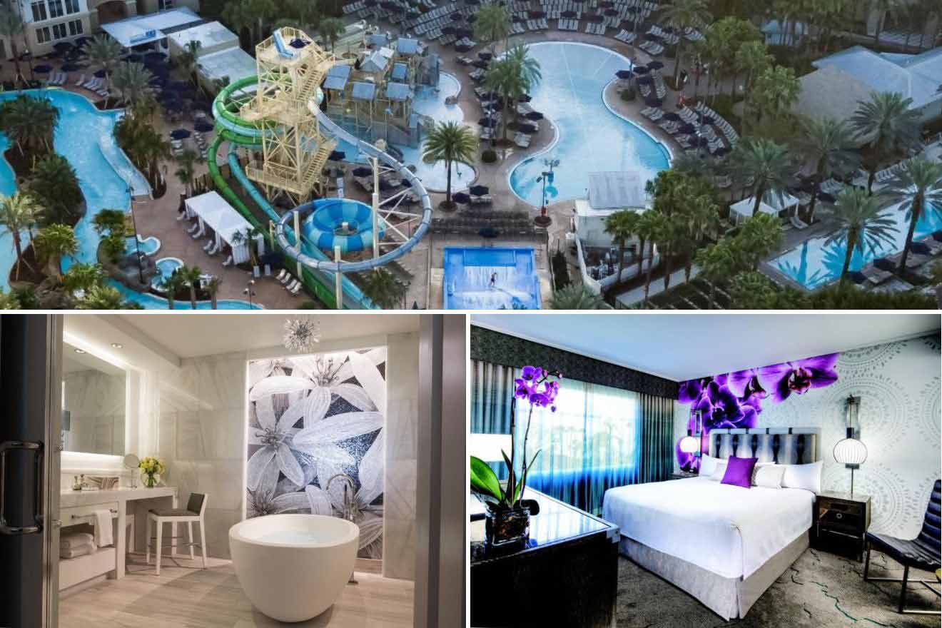 collage of 3 images containing an aerial view over a hotel's waterpark  bedroom, and bathroom