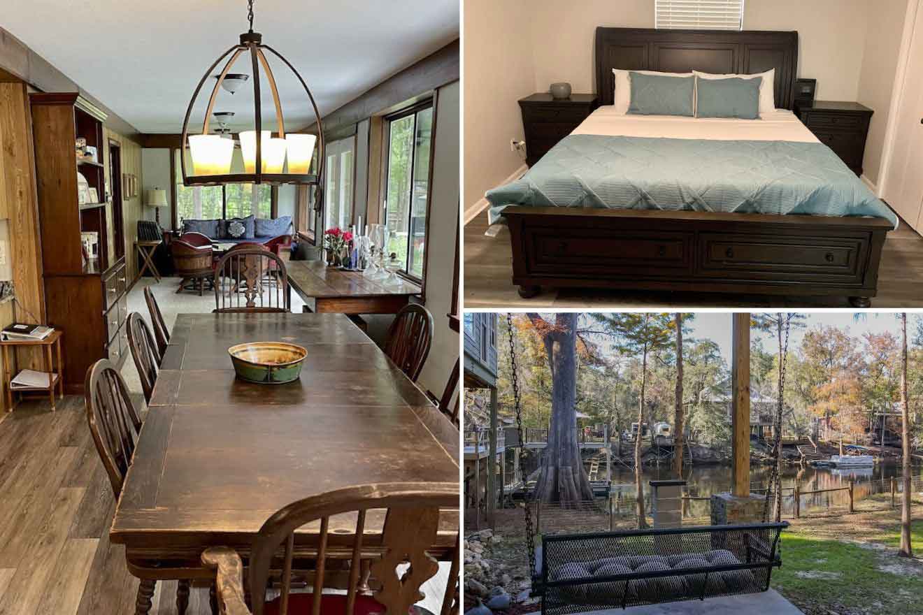 collage of 3 images containing an outdoor sitting area, bedroom, and dinning room