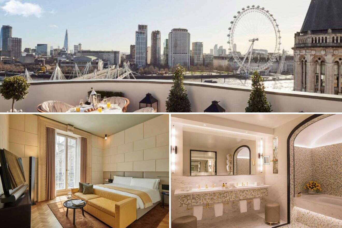collage of 3 images containing view over London Eye from the terrace, bedroom, and bathroom