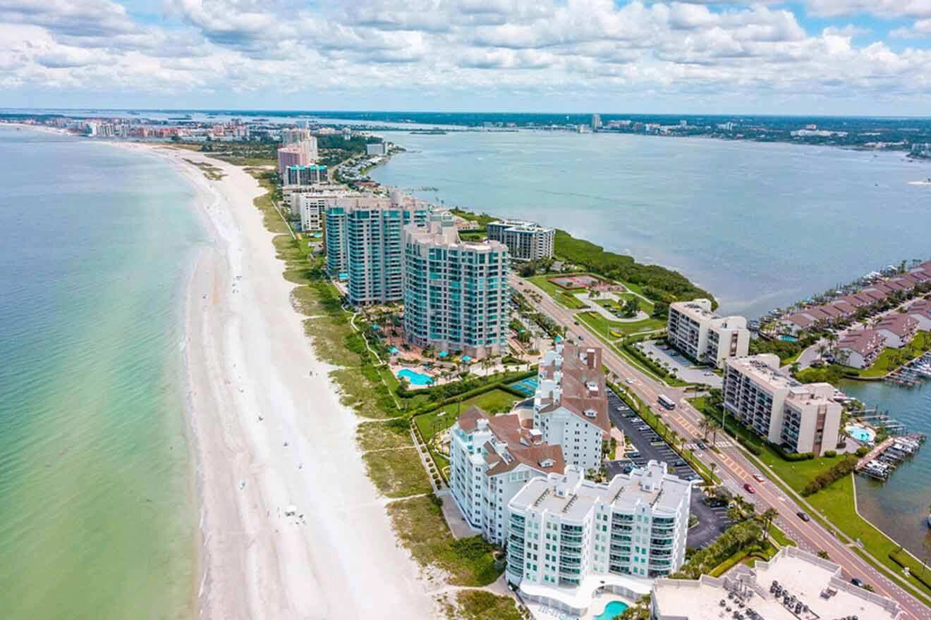 aerial view over Sand Key Beach hotels and other buildings