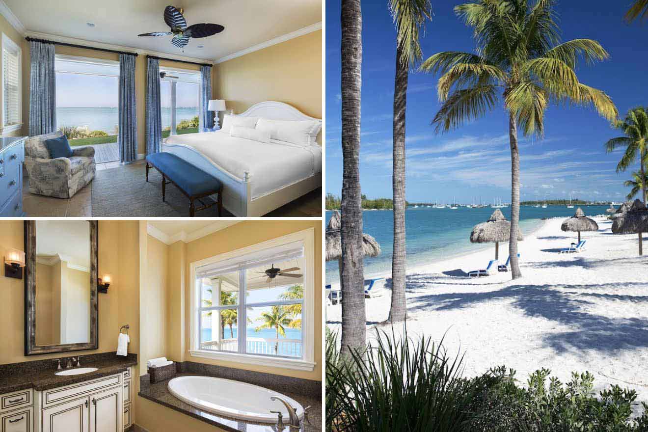 collage of 3 images with the beach, bedroom, and bathroom