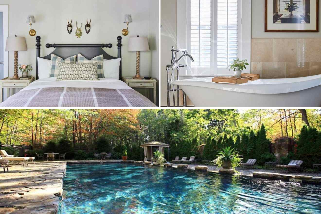collage of 3 images containing a swimming pool, bedroom, and bathtub