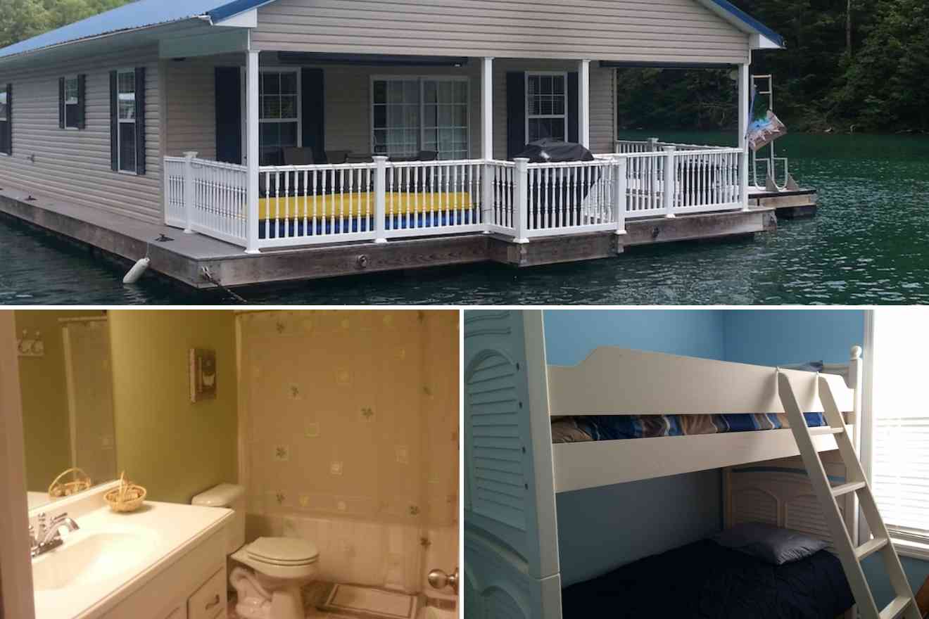 collage of 3 images with houseboat, bathroom and sleeping area