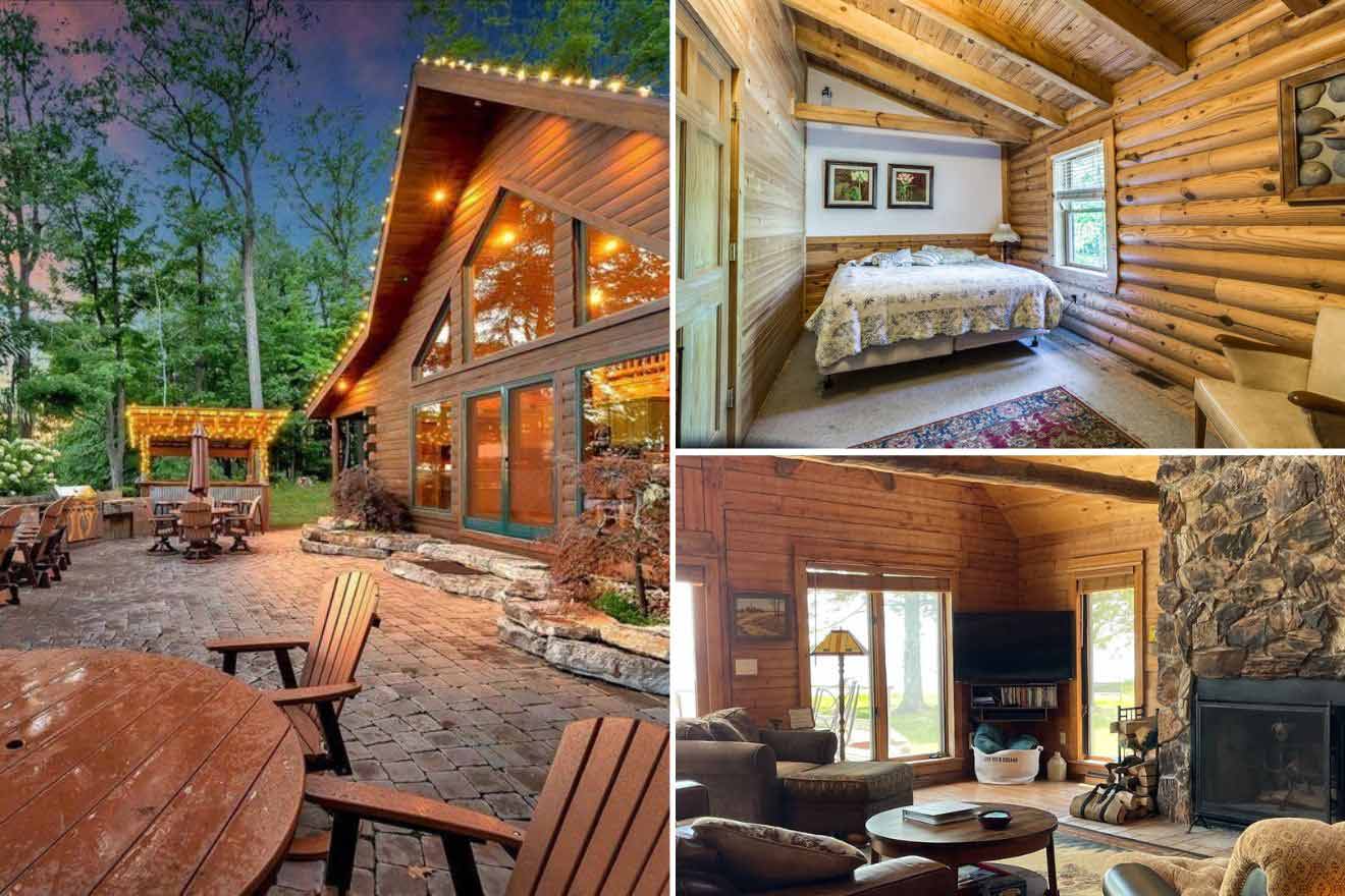 collage of 3 images containing a cabin's building, bedroom, and a sitting area next to the fireplace