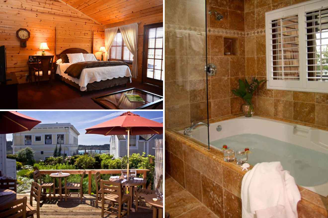 collage of 3 images containing a restaurant, bedroom, and bathroom