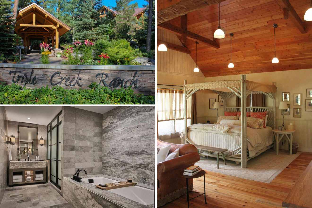 collage of 3 images containing the exterior of the cabin, bedroom, and bathroom